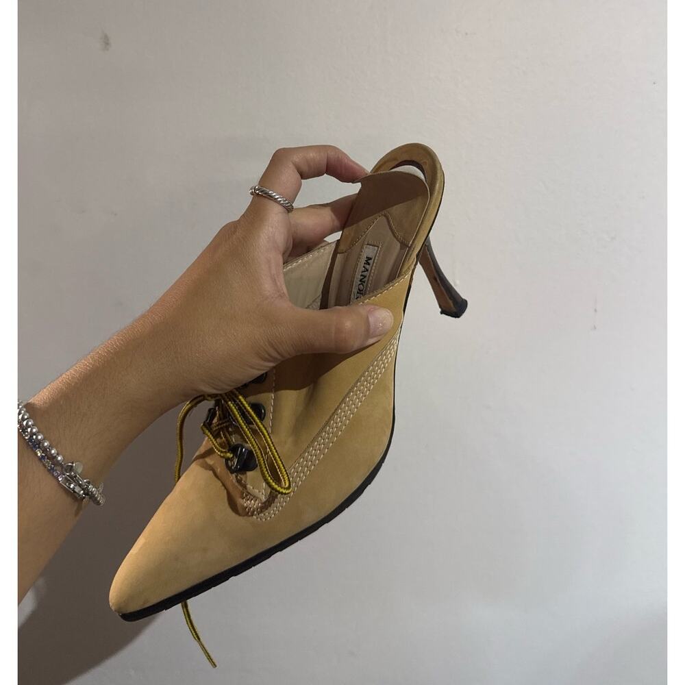 Manolo Blahnik y2k Oklamod Tan Nubuck Timberland Lace Up Mule Heels 38 - Picture 11 of 11